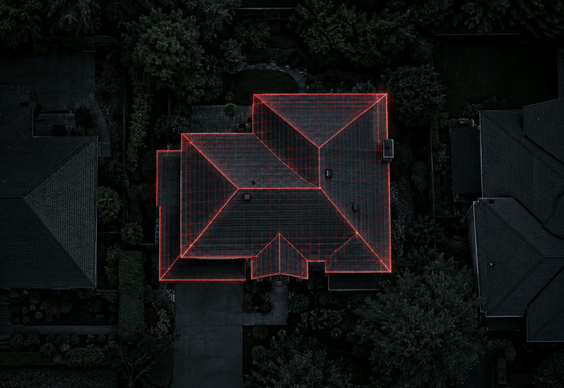 Illustration of a roof with every edge, ridge and valley traced for measurement